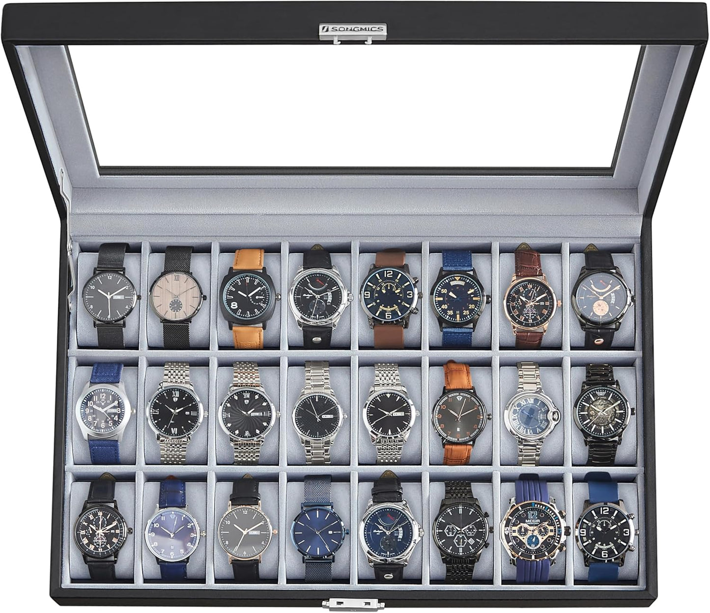 24-Slot Watch Box, Lockable Storage Case with Glass Lid, Ink Black Synthetic Leather, Dove Gray Lining, Gift Idea UJWB024