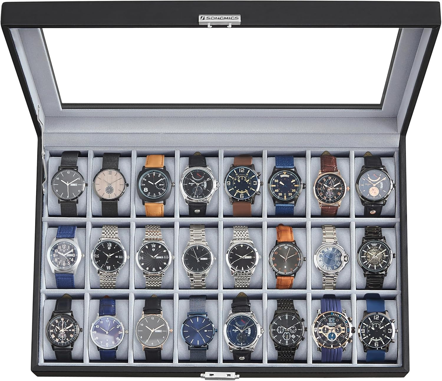 24-Slot Watch Box, Lockable Storage Case with Glass Lid, Ink Black Synthetic Leather, Dove Gray Lining, Gift Idea UJWB024