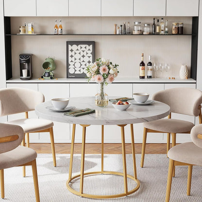 Round Dining Table, 47.24 Inch Kitchen Table for 4-6 People, Wooden Faux Marble Dinner Room Table with Gold Base, Circle Modern Small Table for Home Dining Room Kitchen Restaurant (White)