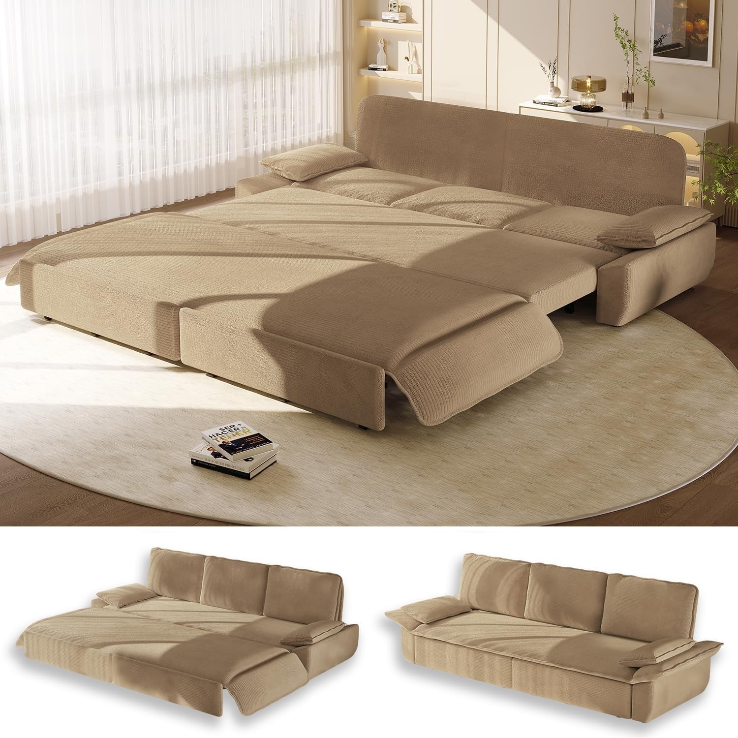 94.5" Pull Out Couch King Size, Futon Sofa Bed, 3-In-1 Convertible Sleeper Sofa Bed with Cushion Armrest, Modern Corduroy Loveseat Couches for Living Room, Small Space, Apartment, Camel