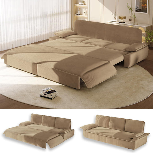 94.5" Pull Out Couch King Size, Futon Sofa Bed, 3-In-1 Convertible Sleeper Sofa Bed with Cushion Armrest, Modern Corduroy Loveseat Couches for Living Room, Small Space, Apartment, Camel