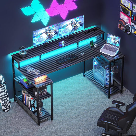 48 Inch Gaming Desk with LED Lights and Power Outlet, U-Shaped Computer Desk with Monitor Stand and Storage Shelves, PC Gamer Table for Home Office, Carbon Fiber Black