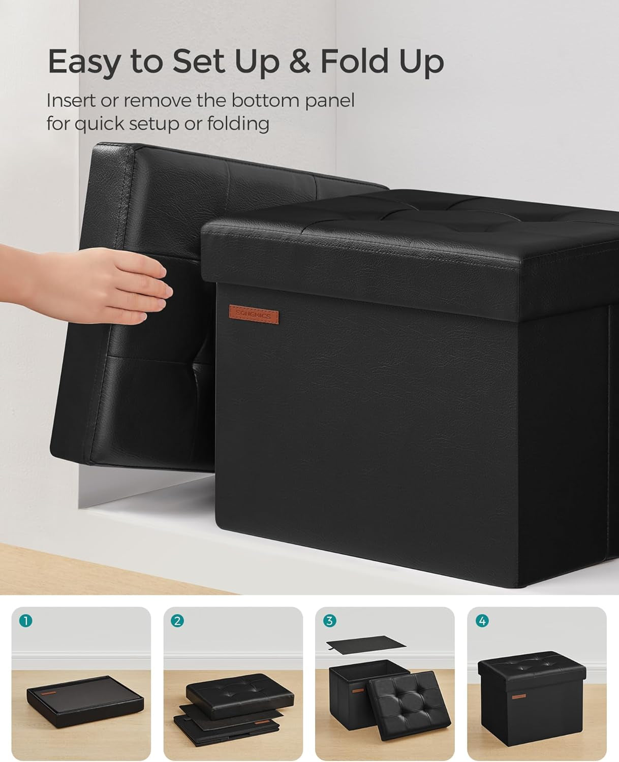 Small Folding Storage Ottoman, Foot Rest Stool, Cube Footrest, Synthetic Leather, 12.2 X 16.1 X 12.2 Inches, 286 Lb Capacity, for Living Room, Bedroom, Dorm, Ink Black ULSF100B01