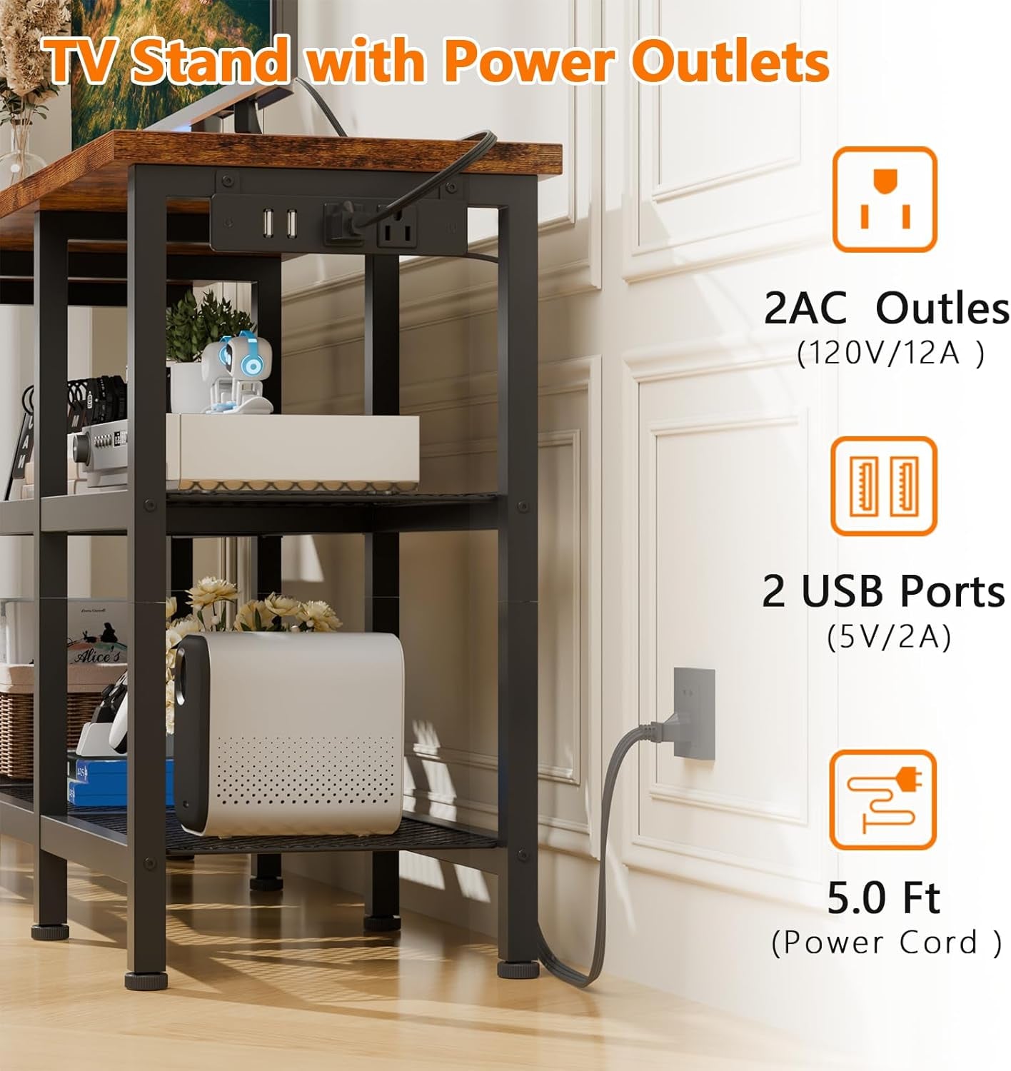 TV Stand with Power Outlets, Small Entertainment Center with Open Storage Shelves, Media Console Center for Tvs up to 50 Inch, Television Stands for Living Room/Bedroom, Rustic Brown