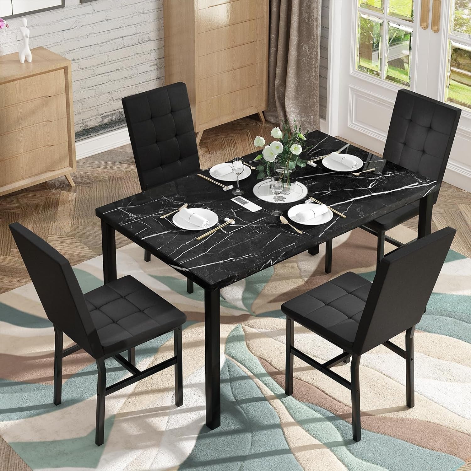 Kitchen Table Set 5 Piece Dining Room Table Set Marble Dining Table 4 Chair Dining Table Set for Kitchen Living Room Breakfast Small Spaces (Black)