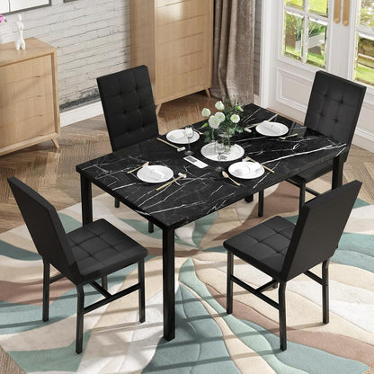 Kitchen Table Set 5 Piece Dining Room Table Set Marble Dining Table 4 Chair Dining Table Set for Kitchen Living Room Breakfast Small Spaces (Black)