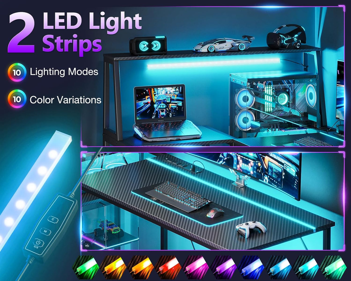 45 Inch L Shaped Gaming Desk with Power Outlet & LED Lights, Computer Table with Corner Desktop Showcase for CPU Stand, Display Storage Shelf, Carbon Fiber Surface, Black