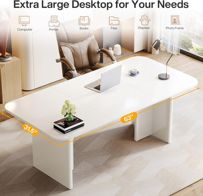 Modern White Desk, Large Minimalist Executive Office Computer Desk Writing Study Makeup Vanity Table Workstation with Arch Design Legs, 63 X 31.5 Inch