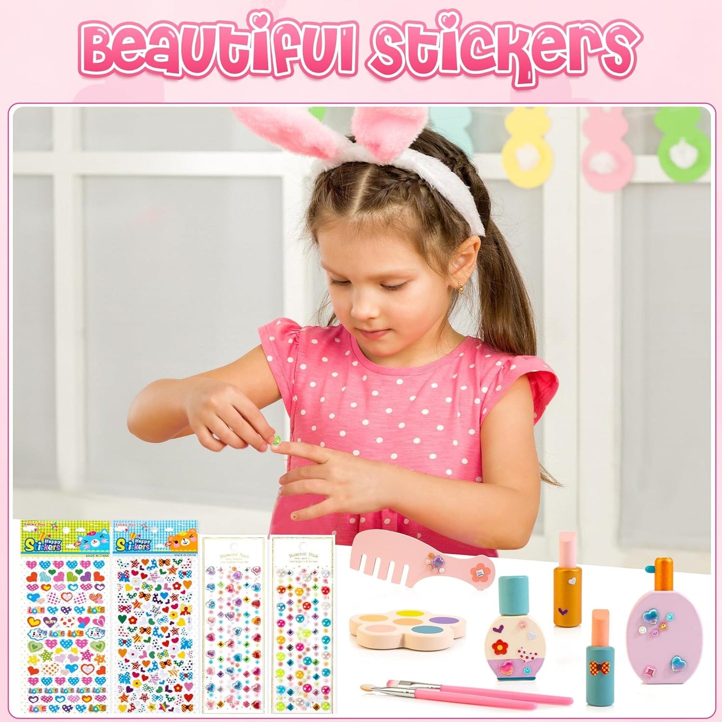 Wooden Vanity Set for Kids, Pretend Play Toddler Makeup Vanity with Acrylic Mirror, Beauty Salon Play Set for Little Girls Age 3+, Toys Gifts Includes Makeup Accessories and Bonus Stickers