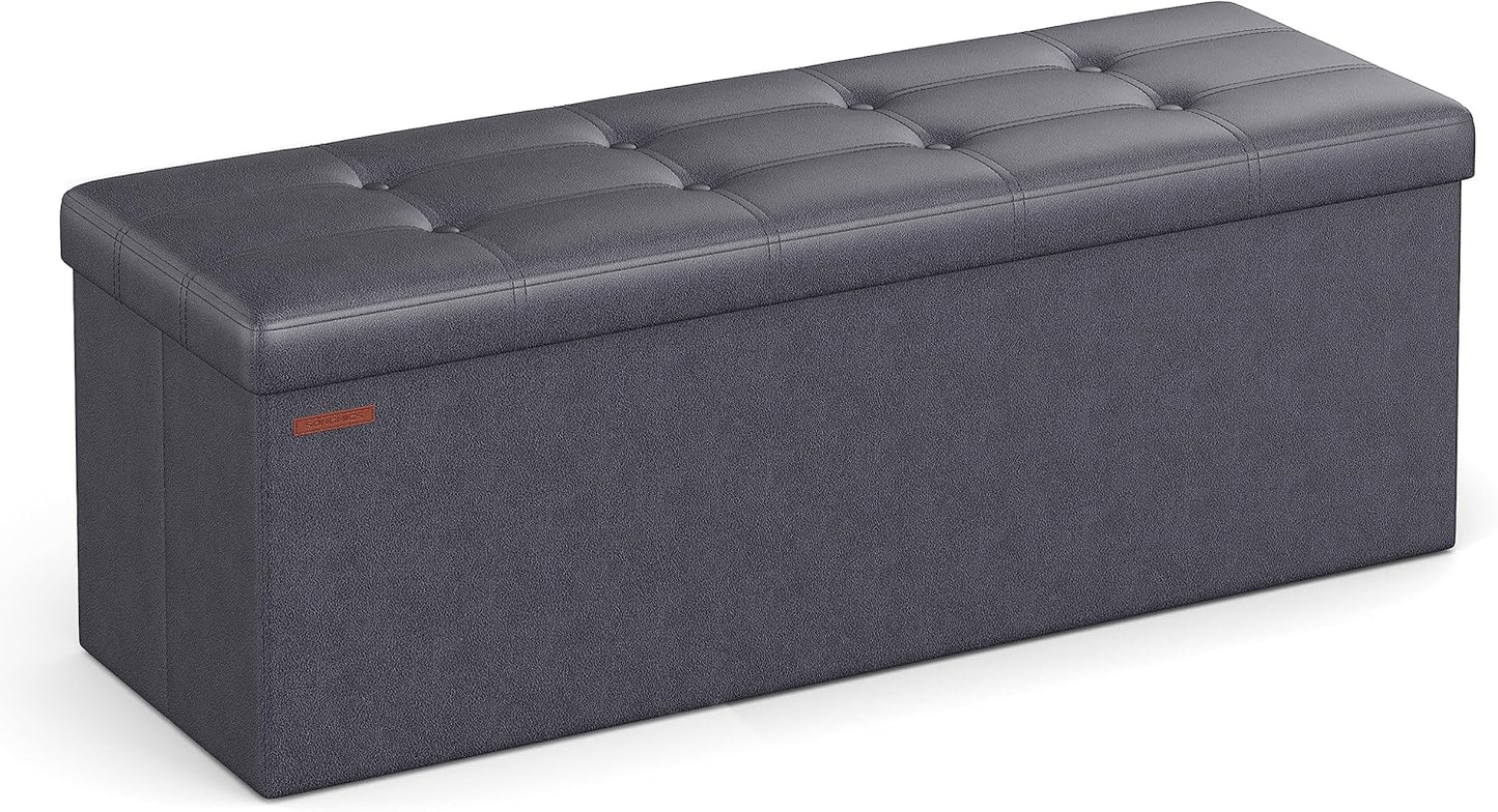 MAZIE Collection - 43 Inches Folding Storage Ottoman Bench, Ottoman with Storage, Foot Rest Stool, Load 660 Lb, for Living Room, Synthetic Leather, Black ULSF701