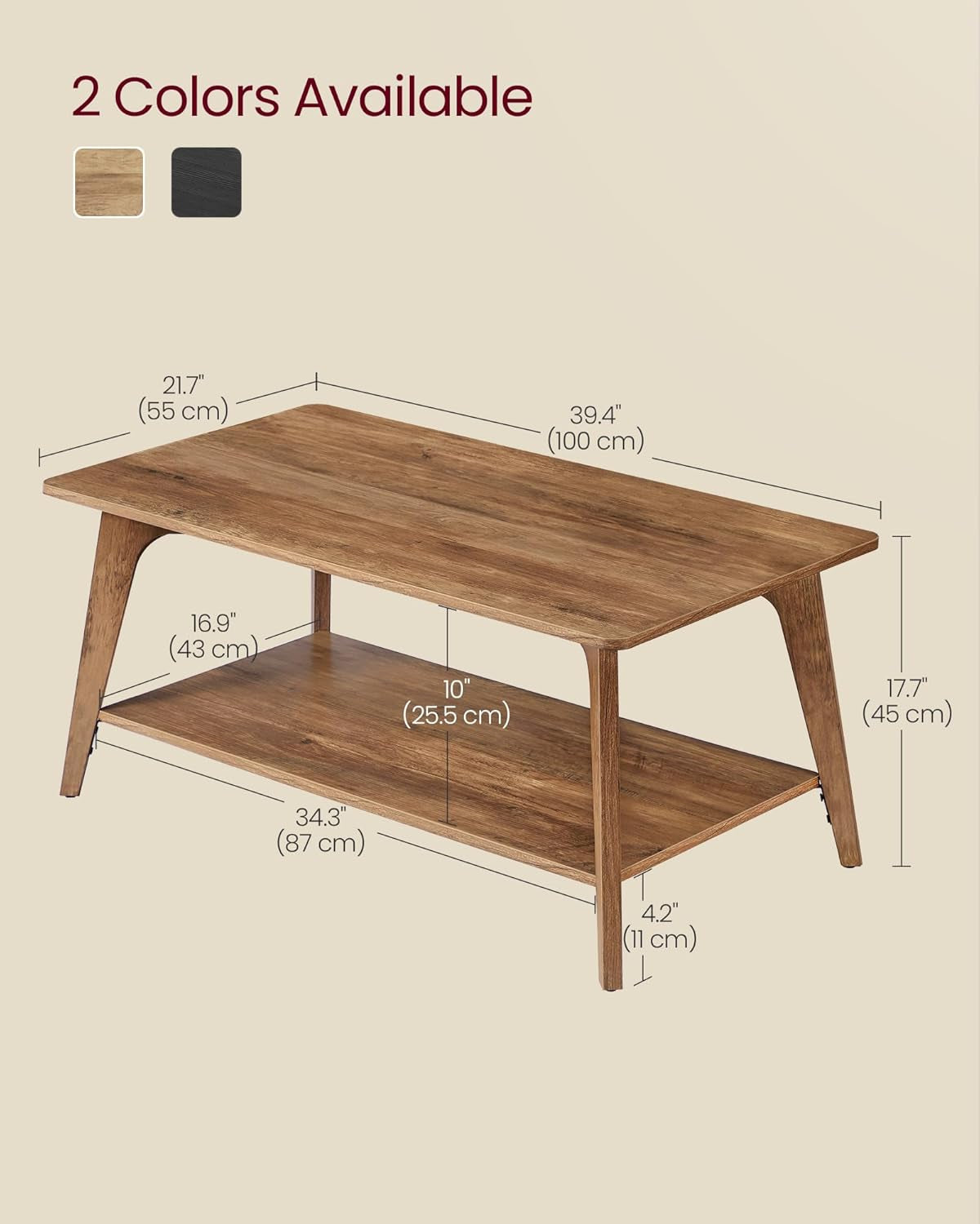 MAEZO Collection - Coffee Table, 2-Tier Center Table with Storage, Tapered Legs, Curved Transitions, 21.7 X 39.4 X 17.7 Inches, Easy to Assemble, for Living Room, Honey Brown ULCT249K01