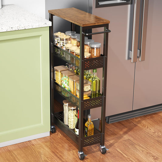 Slim Storage Cart 4 Tier Narrow Kitchen Rolling Cart on Wheels for Small Space, Mobile Utility Cart Shelving Unit with Wooden Top and Metal Handle for Kitchen, Bathroom, Laundry Room