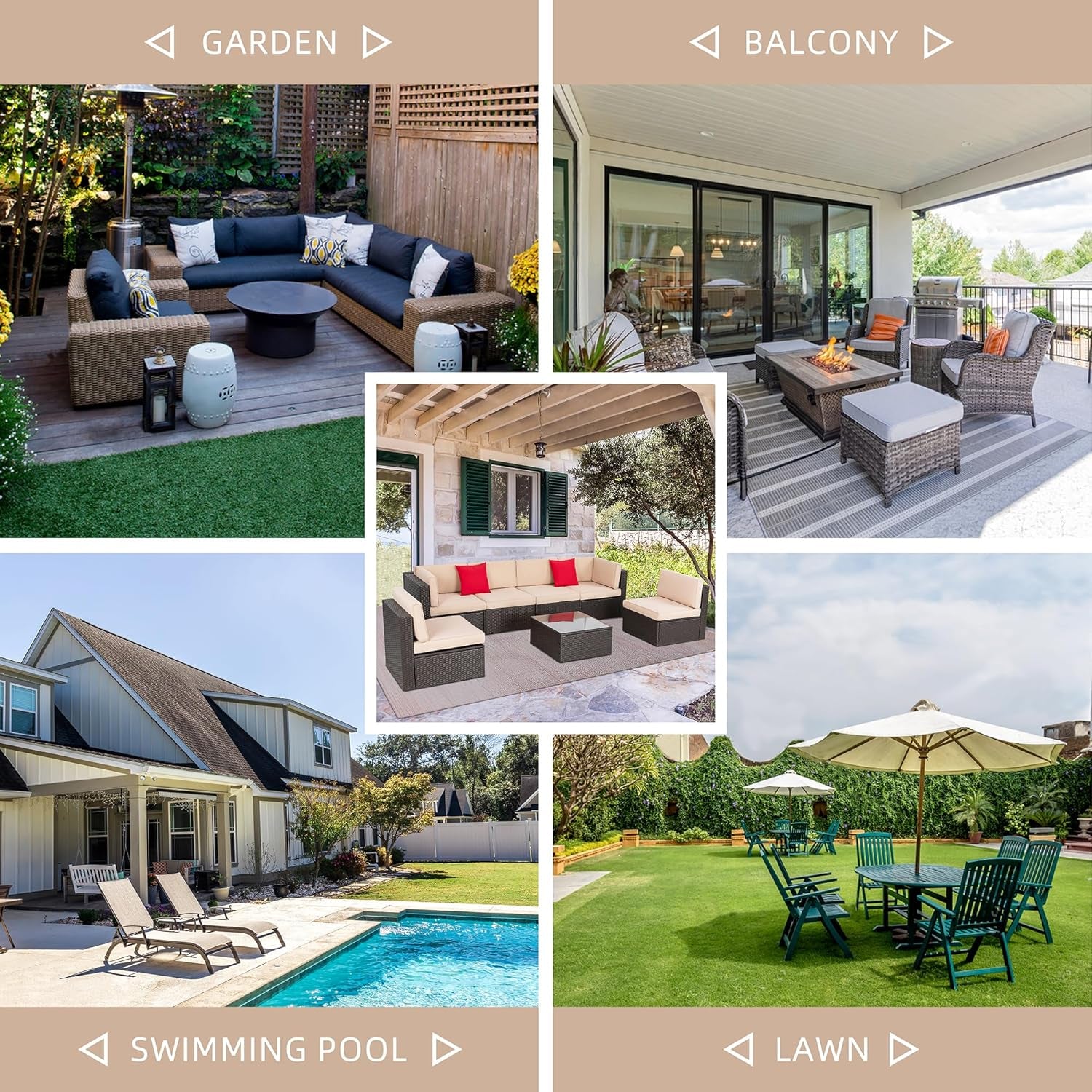 7 Pieces Patio Furniture Sets Outdoor All-Weather Sectional Patio Sofa Set PE Rattan Manual Weaving Wicker Patio Conversation Set with Glass Table&Ottoman Cushion and Red Pillows, Beige