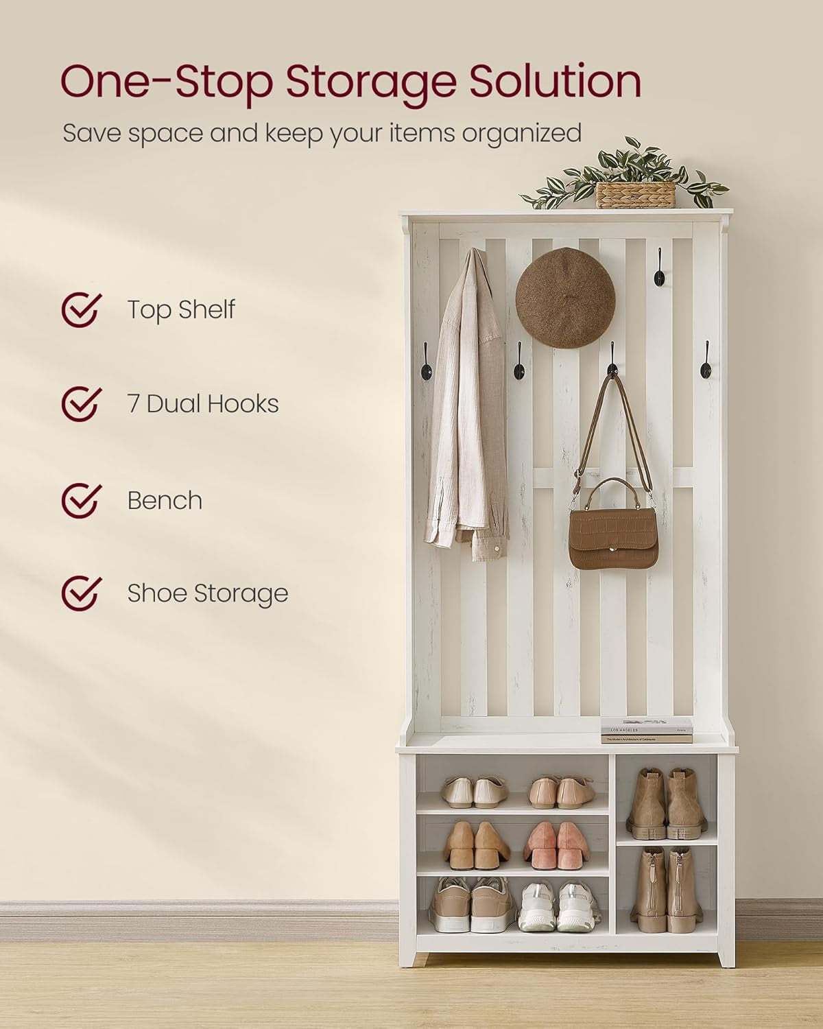 Hall Tree with Bench and Shoe Storage, Coat Rack with Shoe Bench, 7 Double Hooks for Jackets, Hats, Entryway, Bedroom, Living Room, 13.8 X 31.9 X 70.9 Inches, Rustic White UHSR414W01