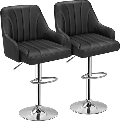Bar Stools Set of 2, Adjustable Barstools, Counter Height Stools with Back and Arm, Kitchen Island Stools, Swivel PU Chairs for Pub, Dining Room, Modern Style, Black
