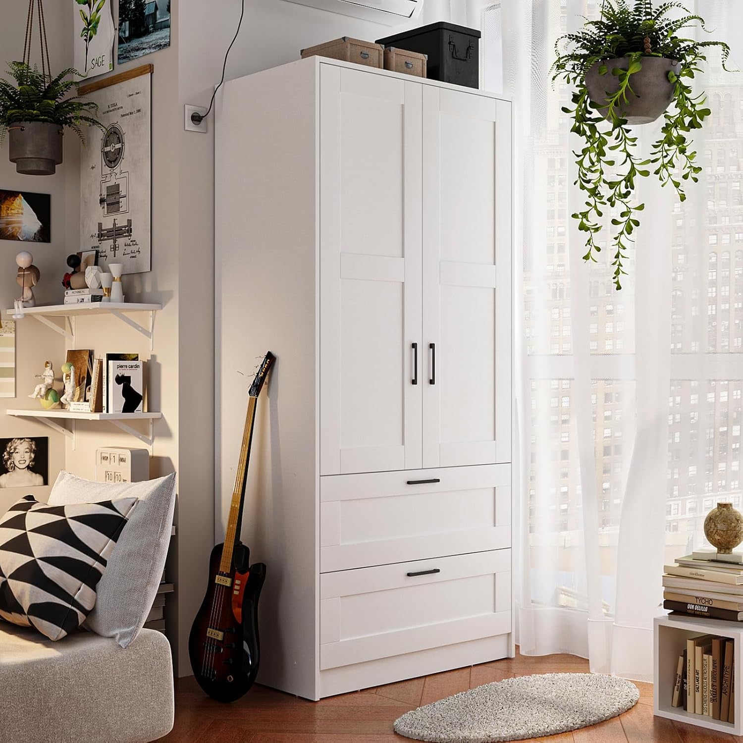 Wood White Wardrobe Closet with 2 Doors and 2 Drawers，Bedroom Freestanding Armoire Storage Cabinet with Shelves，Wooden Wardrobe Combination for Hanging Clothes (White 2 Drawers)