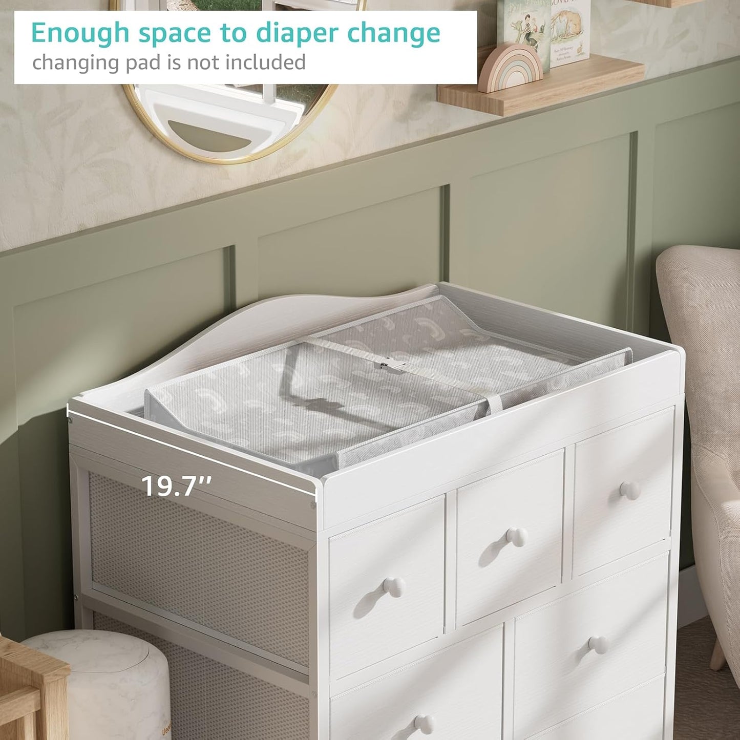 Changing Table Dresser with Storage, Baby Dresser with Changing Table Top Diaper Changing Station with 7 Fabric Drawers for Nursery Modern