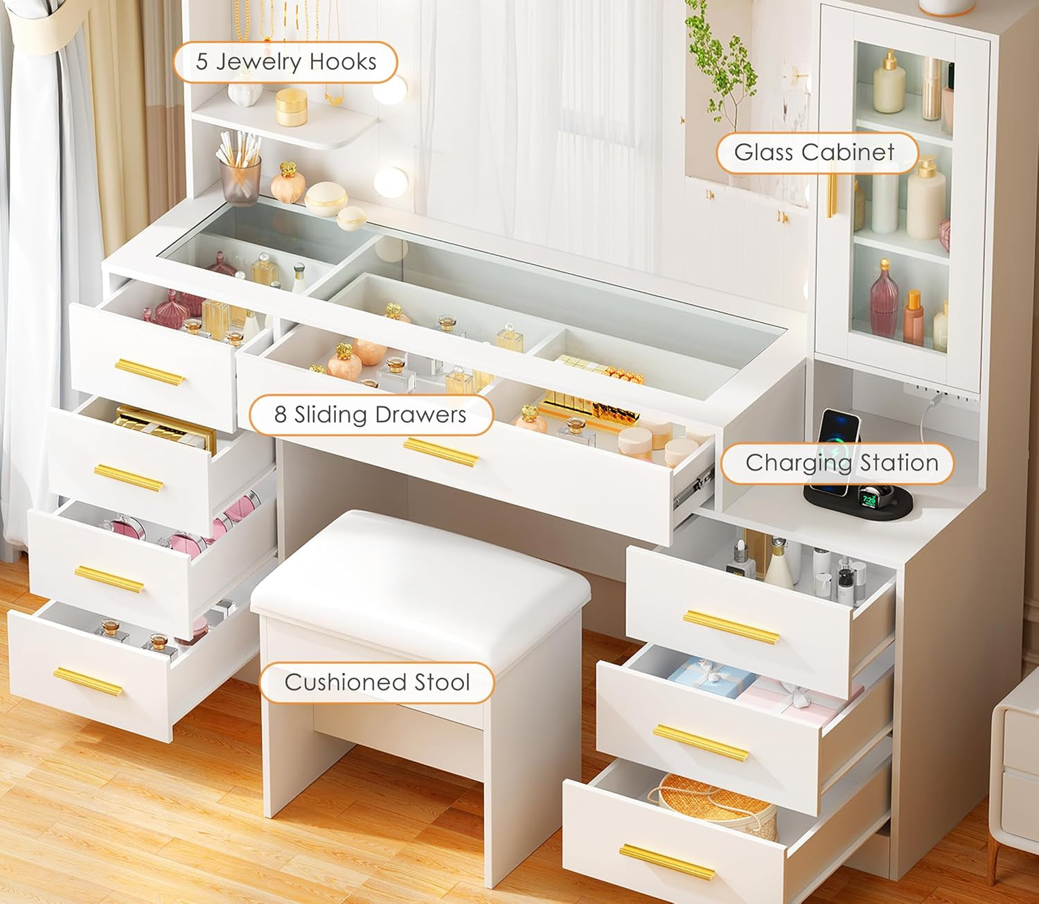 49.2" Large Vanity Desk with Mirror and Lights White Makeup Vanity Desk with Glass Top and Power Outlet 8 Drawers Nightstand 5 Hooks Vanity Table with Stool for Bedroom Women Girls UBDT88W