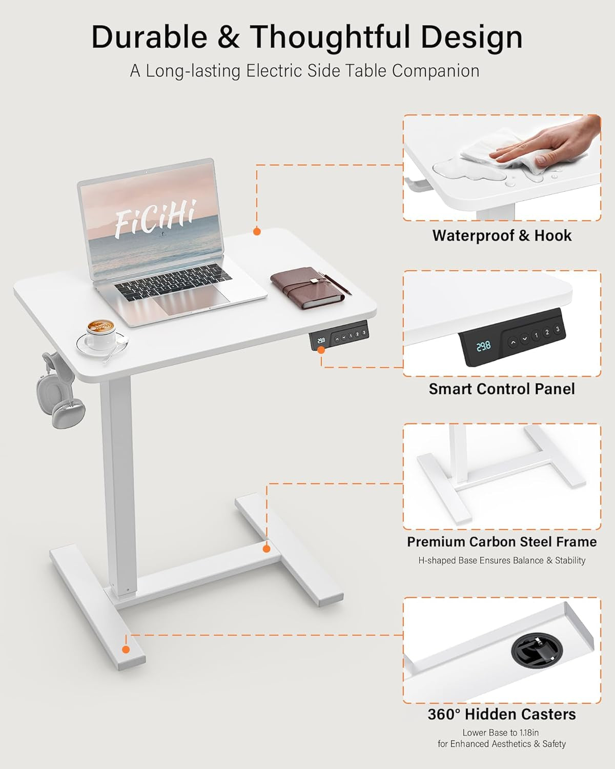 Small Electric Standing Desk - Adjustable Height Bedside Laptop Table with Wheels, Mobile, Portable Rolling Computer Workstation Sit Stand Table for Home Office, Sofa, Couch Use (24X16, White)