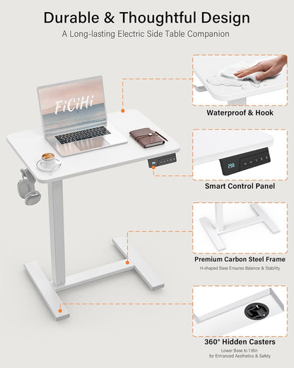 Small Electric Standing Desk - Adjustable Height Bedside Laptop Table with Wheels, Mobile, Portable Rolling Computer Workstation Sit Stand Table for Home Office, Sofa, Couch Use (24X16, White)
