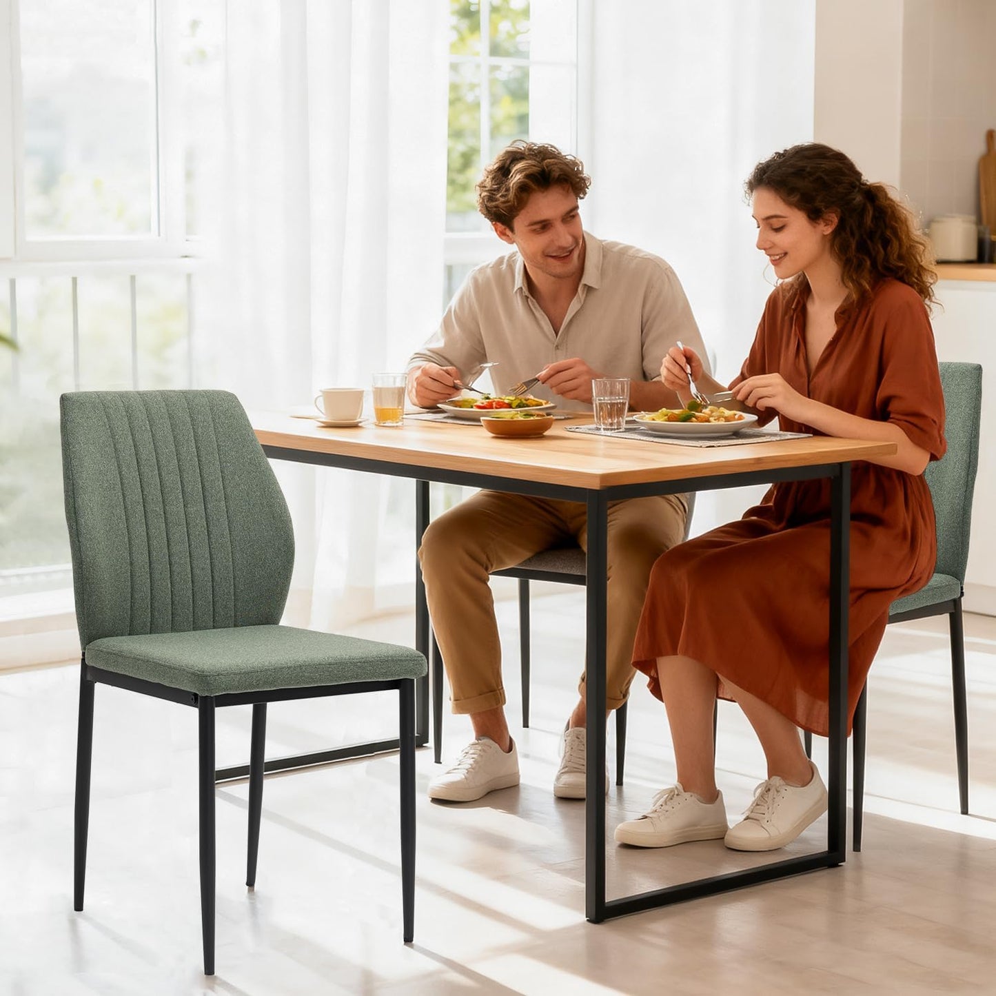 Dining Chairs Set of 4, Upholstered Wooden Dining Room Chairs, Mid Century Modern Fabric Kitchen Chair with Metal Legs Chenille Fabric for Kitchen/Restaurant/Hotel- Green (Only Chairs)