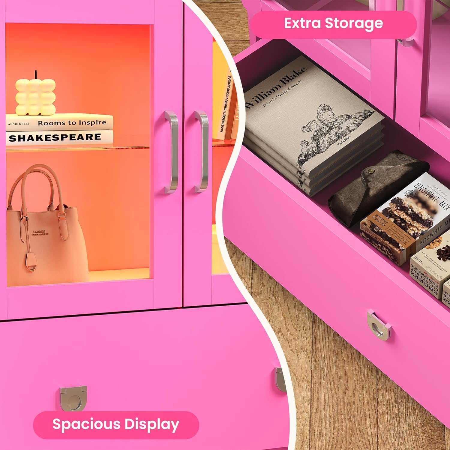 Pink Display Cabinet with Acrylic Doors, 27'' Tall Curio Cabinet with LED Lights, Modern Storage Cabinet with Drawers & Adjustable Shelves, Ideal for Living Room, Child'S Room
