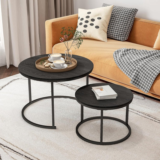 round Coffee Table,Nesting Coffee Table Set of 2,Center Tables for Living Room,Office, Home Small Space,Stacking Side Tables,Sturdy and Easy Assembly,Wood Desktop,Black,Large