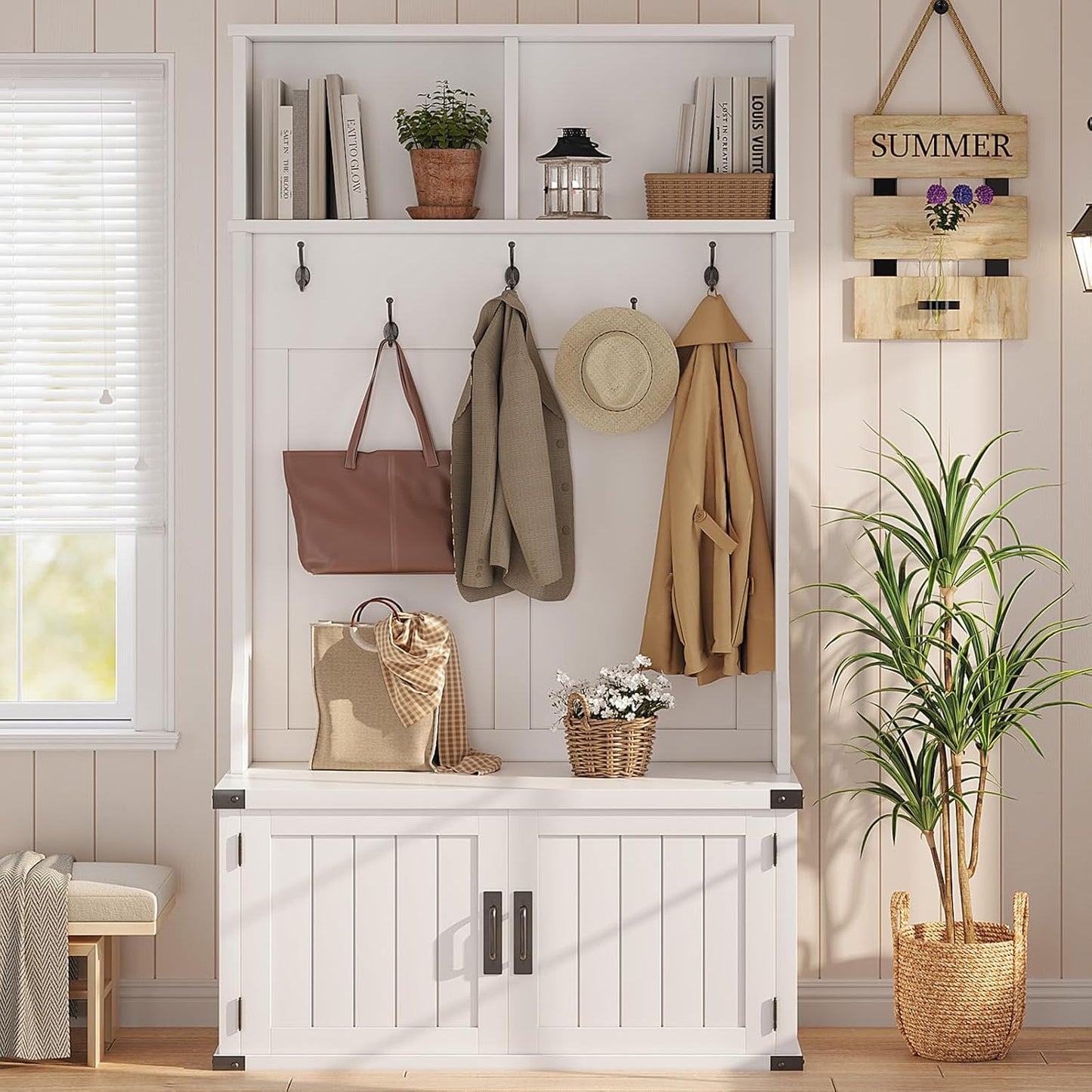 76" Hall Tree with Bench and Shoe Storage, Farmhouse 4-In-1 Entryway with Coat Rack & 5 Tri-Hooks, Adjustable Shelf, White Mudroom Bench with Storage Seating, Space Saving, White