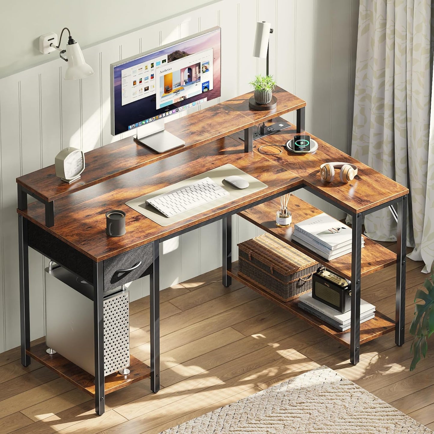 47 Inch Reversible L Shaped Desk with LED Lights & Power Outlets, Computer Desk with Shelves & Monitor Stand, Gaming Desk with Drawer, Home Office Desk Corner Desk, PU White Drawer
