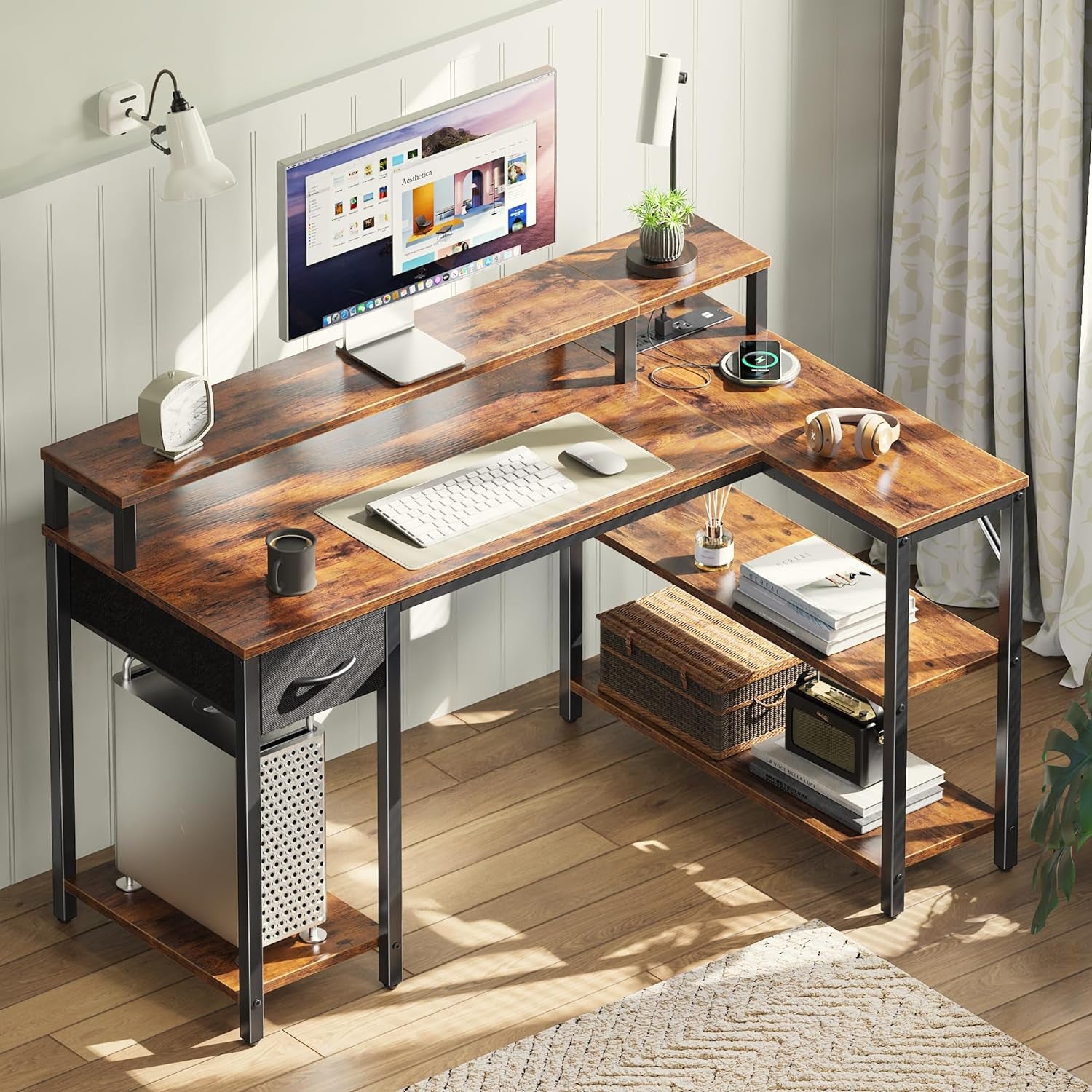 47 Inch Reversible L Shaped Desk with LED Lights & Power Outlets, Computer Desk with Shelves & Monitor Stand, Gaming Desk with Drawer, Home Office Desk Corner Desk, PU White Drawer