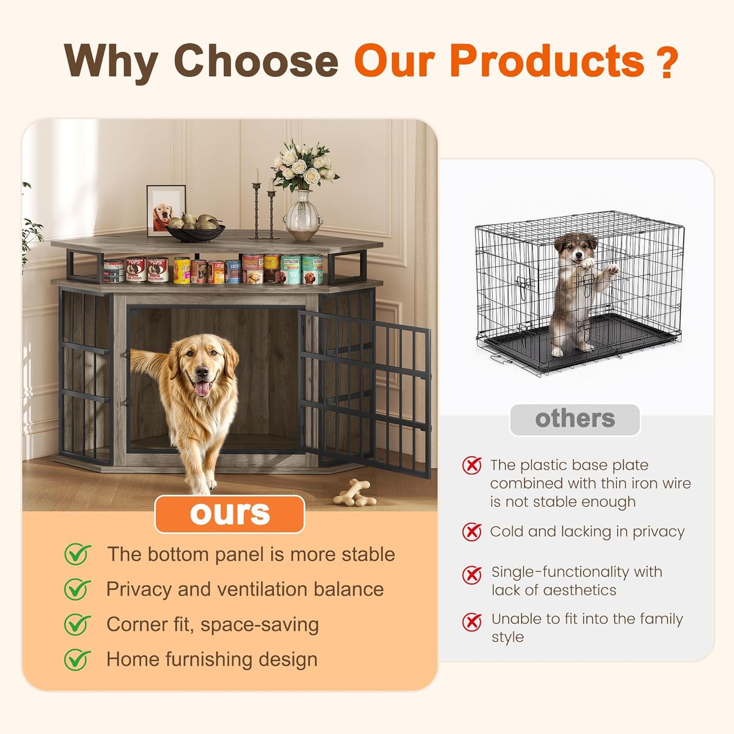 Corner Dog Crate Furniture with 2-Tier Shelves，51" Large Dog Kennel Indoor Wooden TV Stand, Modern Dog Cage Decorative Pet House