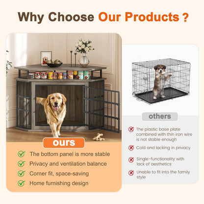 Corner Dog Crate Furniture with 2-Tier Shelves，51" Large Dog Kennel Indoor Wooden TV Stand, Modern Dog Cage Decorative Pet House