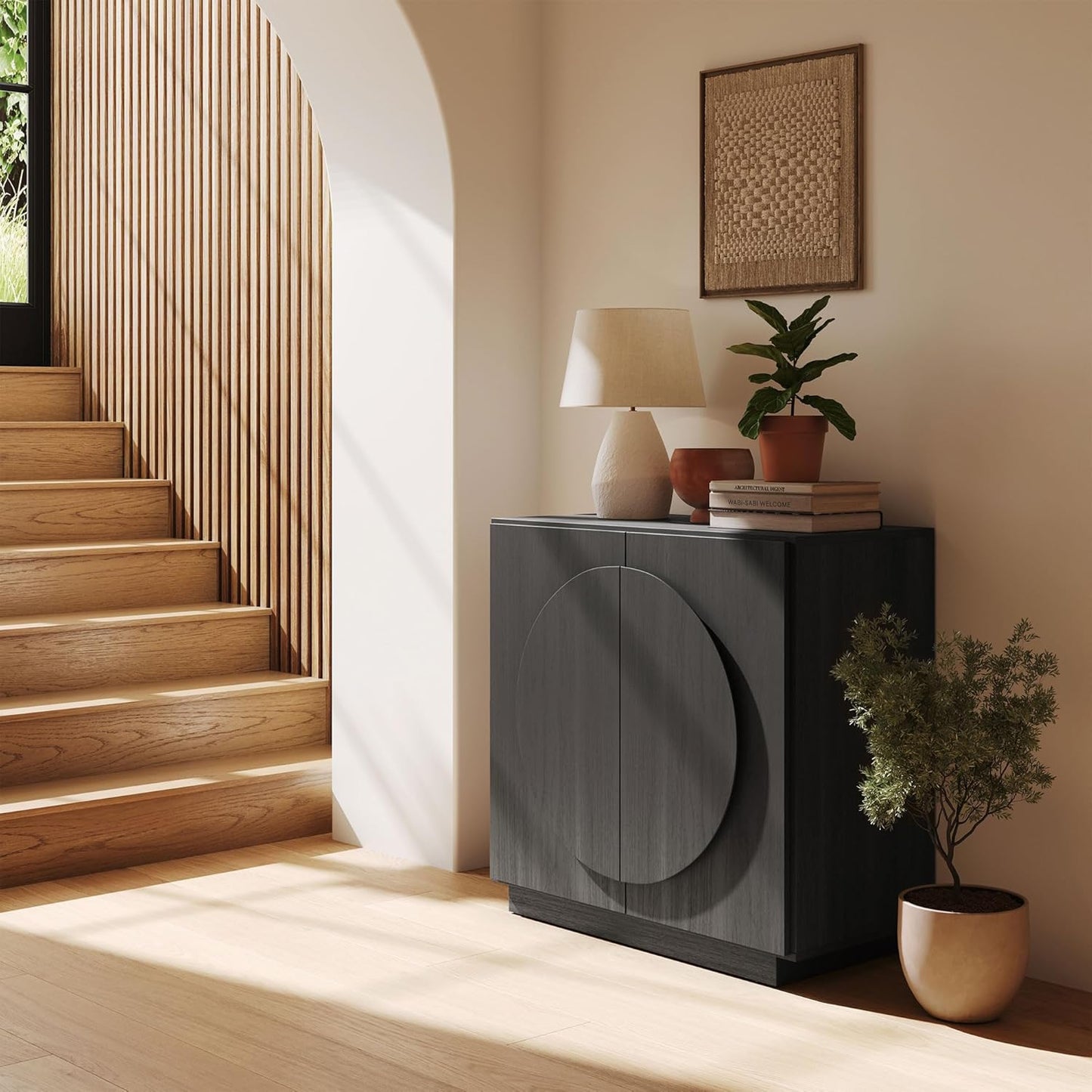 Modular Buffet Cabinet with Storage,Mid Century Modern Arched Sideboard with Adjustable Shelf & Symmetrical Doors,Credenza Console Table for Entryway Kitchen Living Room (Espresso Black)