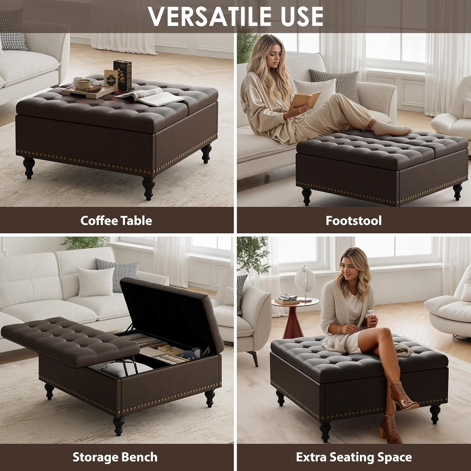 35 Inch Square Ottoman with Storage, Large Leather Ottoman Coffee Table, Lift-Top Leather Ottomans, Multi-Function Storage Bench and Foot Rest, Dark Brown