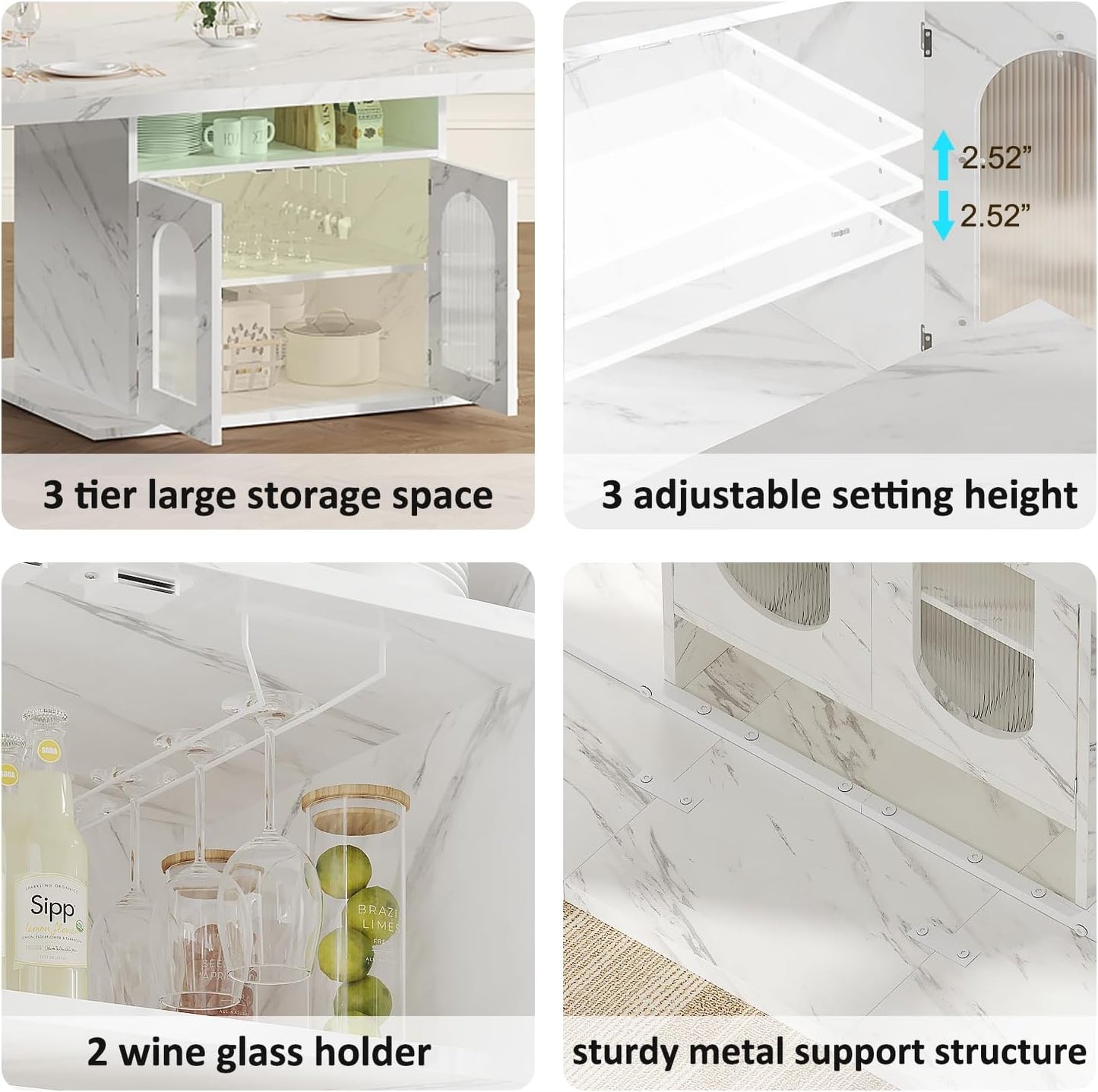 Dining Table for 4–6, 63" Modern Kitchen Dining Room Table with Storage Shelves & Acrylic Door Cabinet,Wood Rectangle Dinner Table with Faux Marble Top for Home Apartment, White Faux Marble
