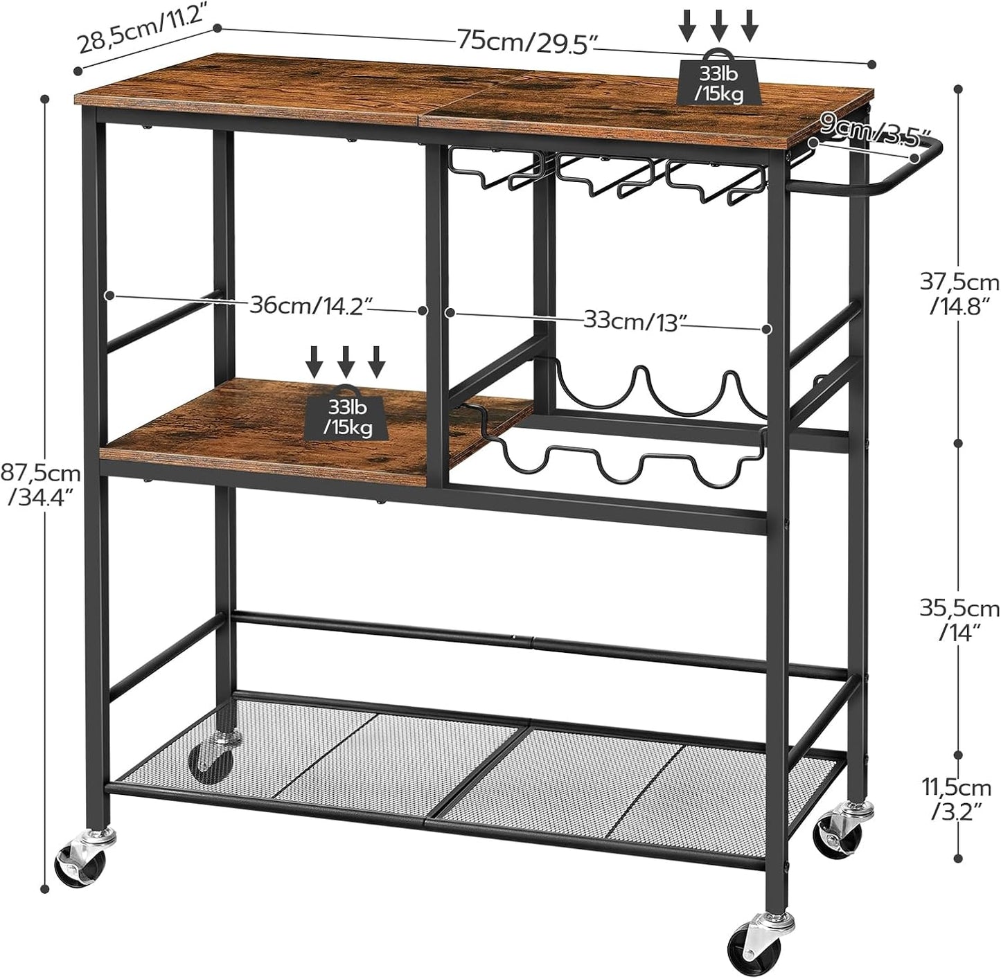 Bar Cart for the Home, 29.5 Inches 3-Tier Serving Cart with Wheels, Rolling Kitchen Cart with Wine Rack and Glass Holder for Living Room, Party, Bar, Rustic Brown and Black BF21TC01G1