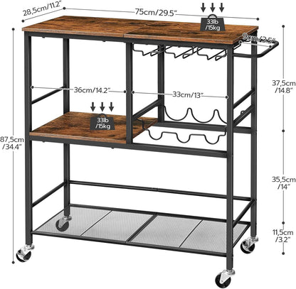Bar Cart for the Home, 29.5 Inches 3-Tier Serving Cart with Wheels, Rolling Kitchen Cart with Wine Rack and Glass Holder for Living Room, Party, Bar, Rustic Brown and Black BF21TC01G1