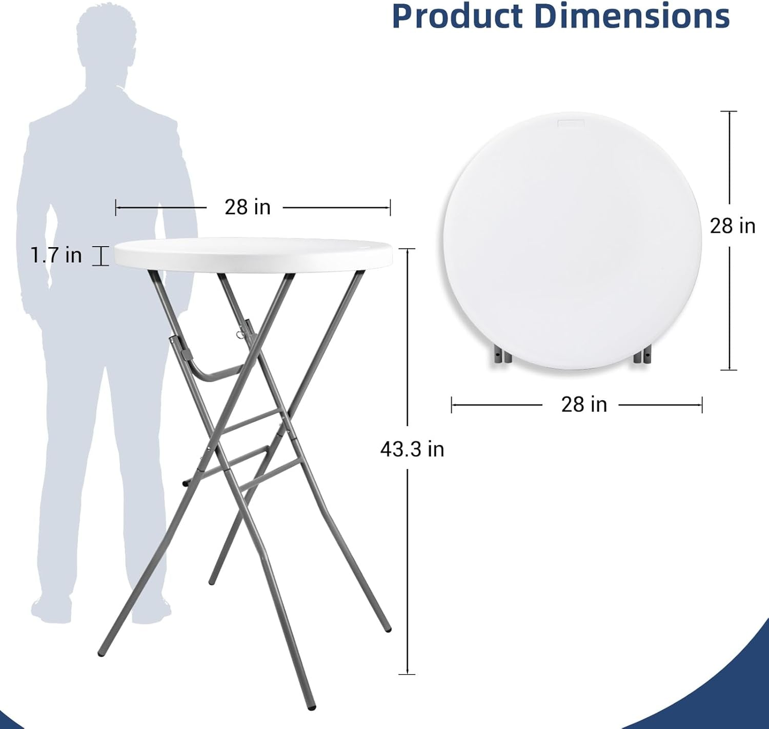 Cocktail Table 28In Folding round High Top Indoor Outdoor with Removable Legs, Tall Bistro Foldable Bar Height Table for Parties, Patio, Backyard, Dining, Wedding, White- 2PCS