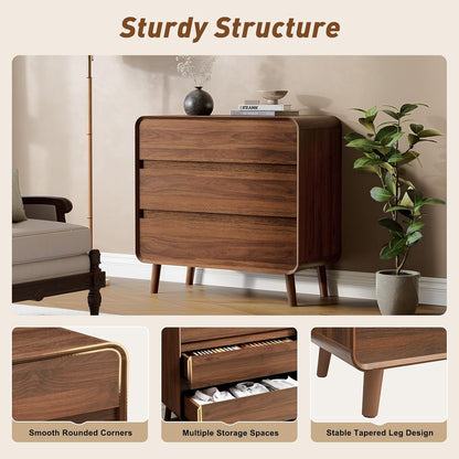 3 Drawer Dressers for Bedroom, Mid Century Modern Chests of Drawers, Curved Dresser with Storage Drawer, Wooden Bedroom Furniture Drawer for Closet, Home Office, Walnut