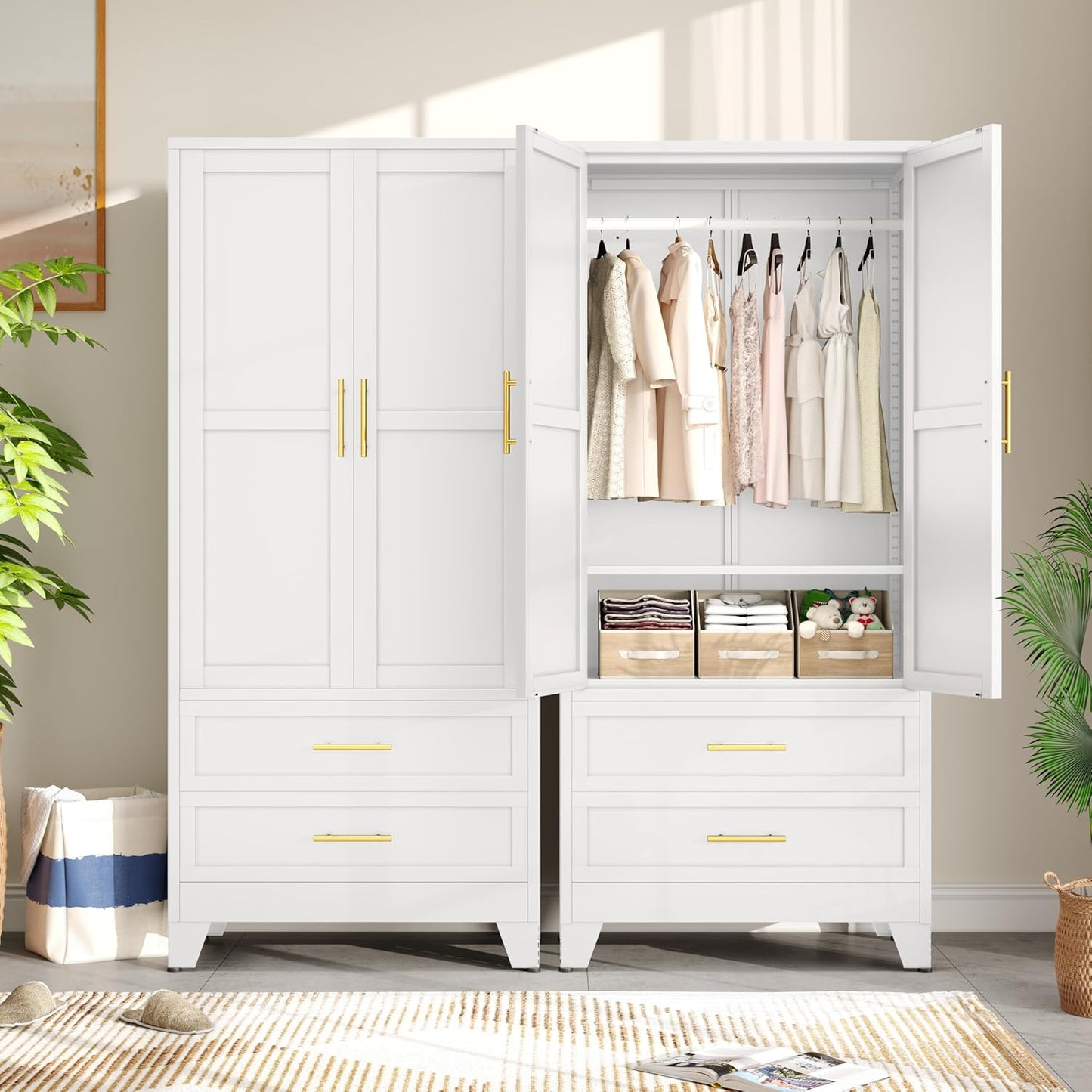 Metal Armoire Wardrobe Closet Storage Cabinet with Hanging Rod,71'' Metal Wardrobe Cabinet with 2 Drawers and Adjustable Shelf,2 Drawers for Bedroom, Laundry Room, Cloak Room