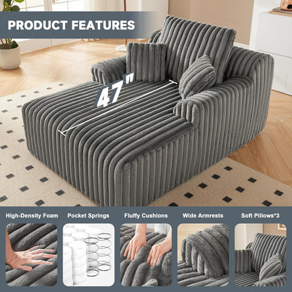 63" Oversized Chaise Lounge Chair Indoor, Boneless Couch Chair with 3 Pillows, Comfy Reading Chair with Wide Arms, No Assembly Required Corduroy Couch, Sleeper Sofa for Living Room, Gray