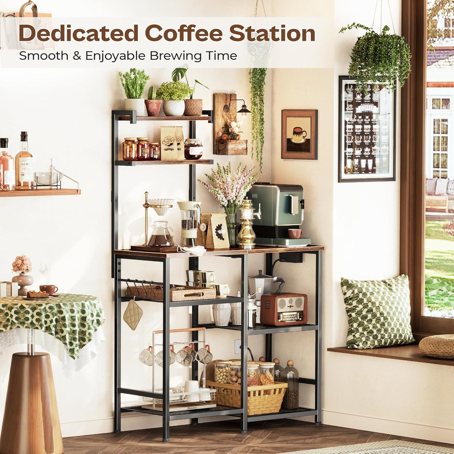 31.5 Inch Bakers Rack with Power Outlets, Kitchen Microwave Stand with Storage, Coffee Bar with 4 Hooks, 3-Level Height Open Shelves, Rustic Brown