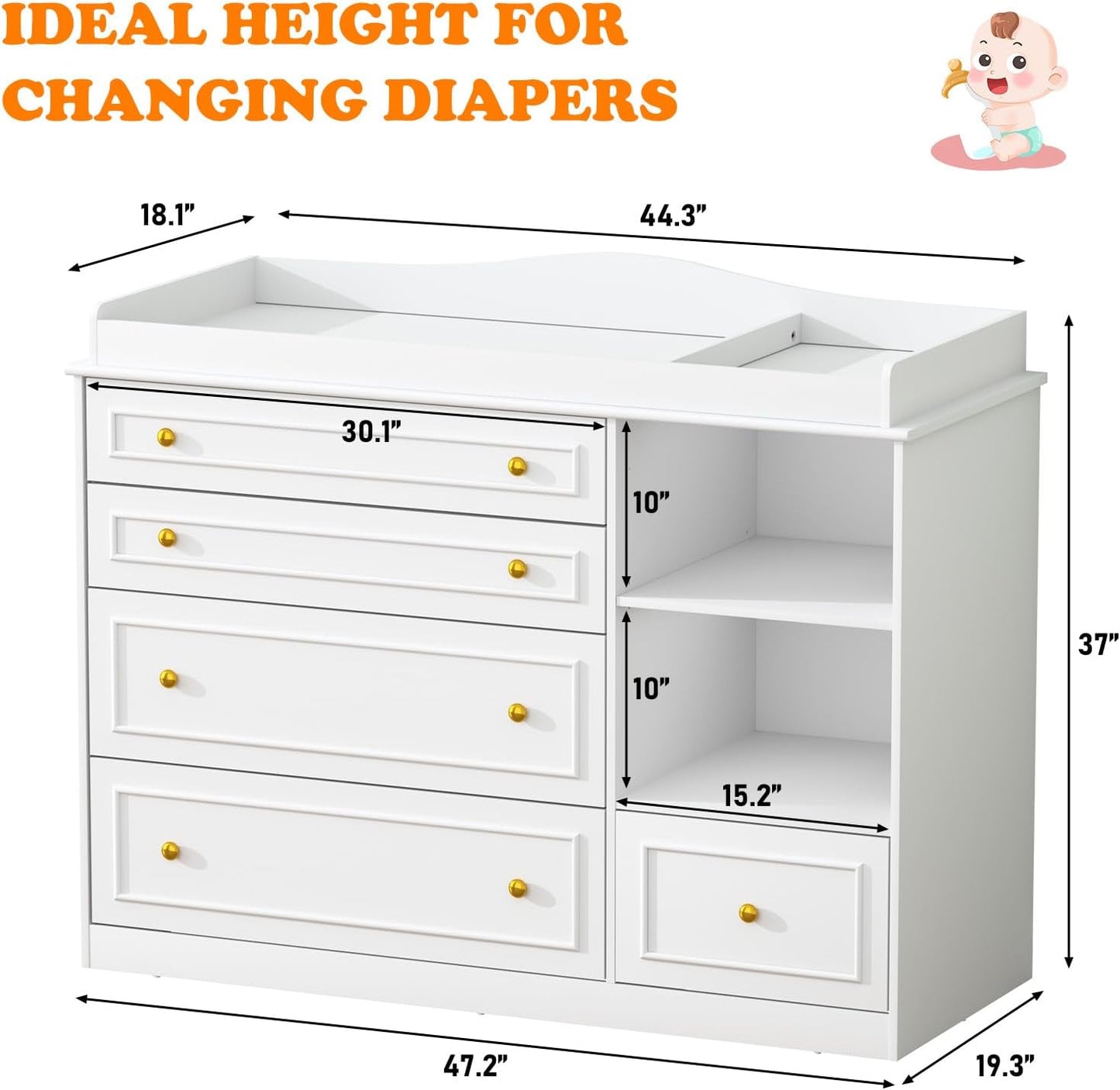 White Changing Table Dresser, Baby Nursery Dresser, Baby Diaper Changing Table, 5 Drawers, Adjustable Shelves, Metal Handle, Curved Wrapping Design, White