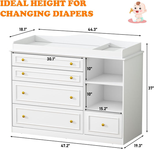 White Changing Table Dresser, Baby Nursery Dresser, Baby Diaper Changing Table, 5 Drawers, Adjustable Shelves, Metal Handle, Curved Wrapping Design, White