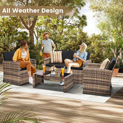 4-Piece Patio Furniture Set, Wicker Outdoor Rattan Sectional Sofa with Cushions and Glass Table, All-Weather Outdoor Conversation Set for Garden, Porch, Backyard, Patio, Black