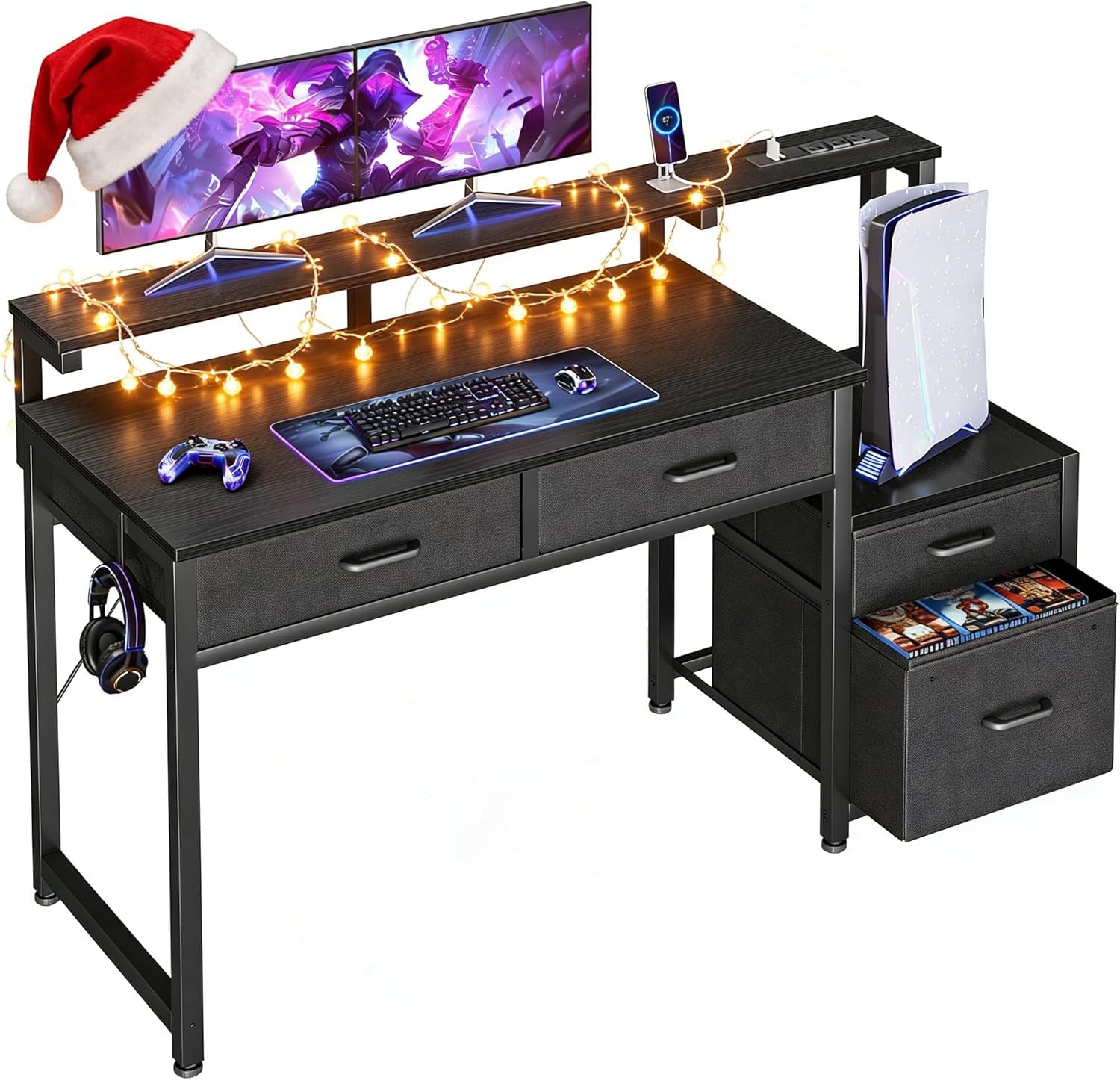 Computer Desk with 4 Drawers, 48 Inch Gaming Desk with Power Outlet, Office Desk with Monitor Shelf, Work Desk Table for Home Office, Black