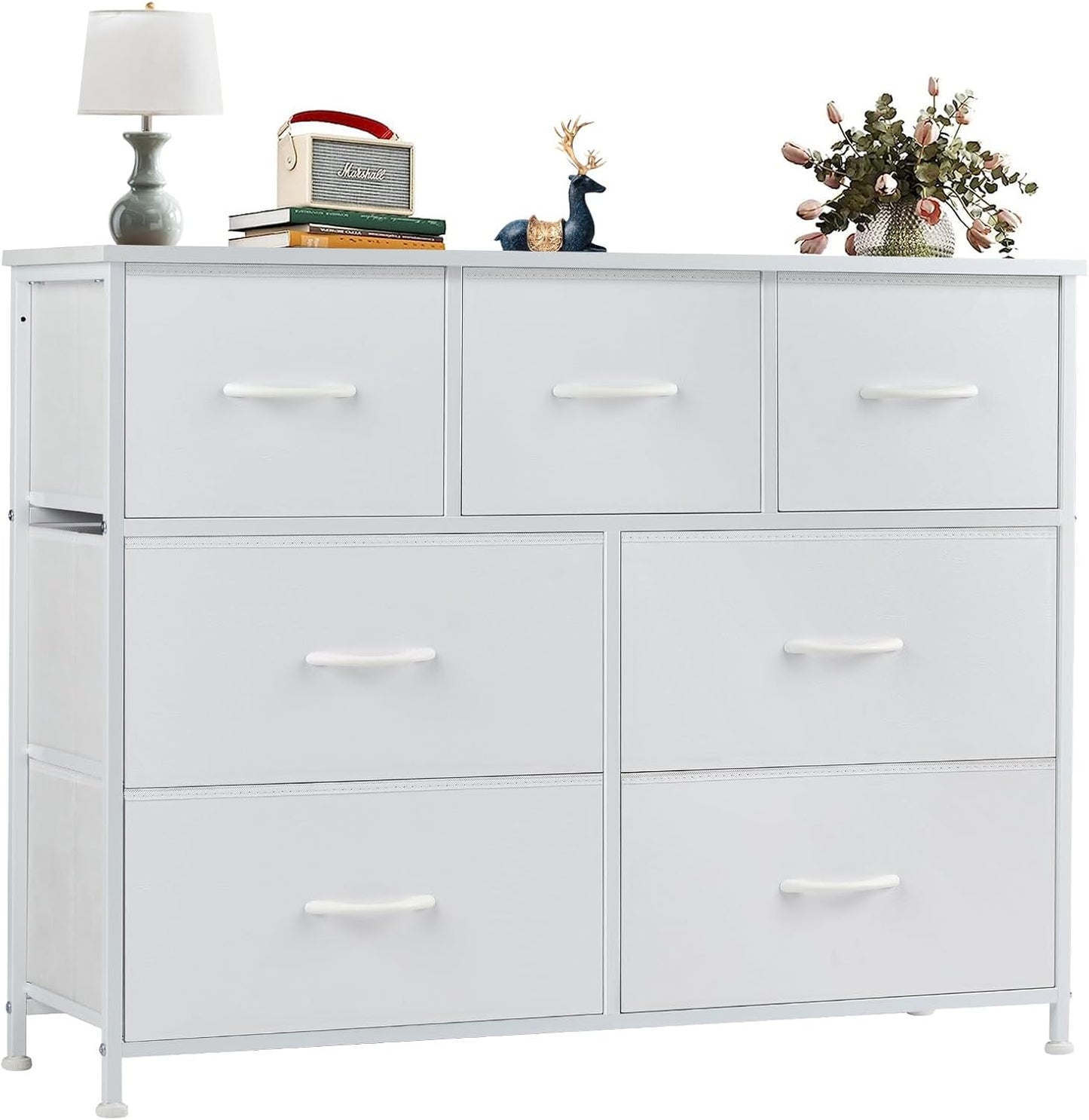7 Drawer Dresser for Bedroom, Wide Fabric Storage Tower with Wooden Top and Metal Frame, Closet Chest Organizer Furniture, TV Stand for Living Room Hallway, White