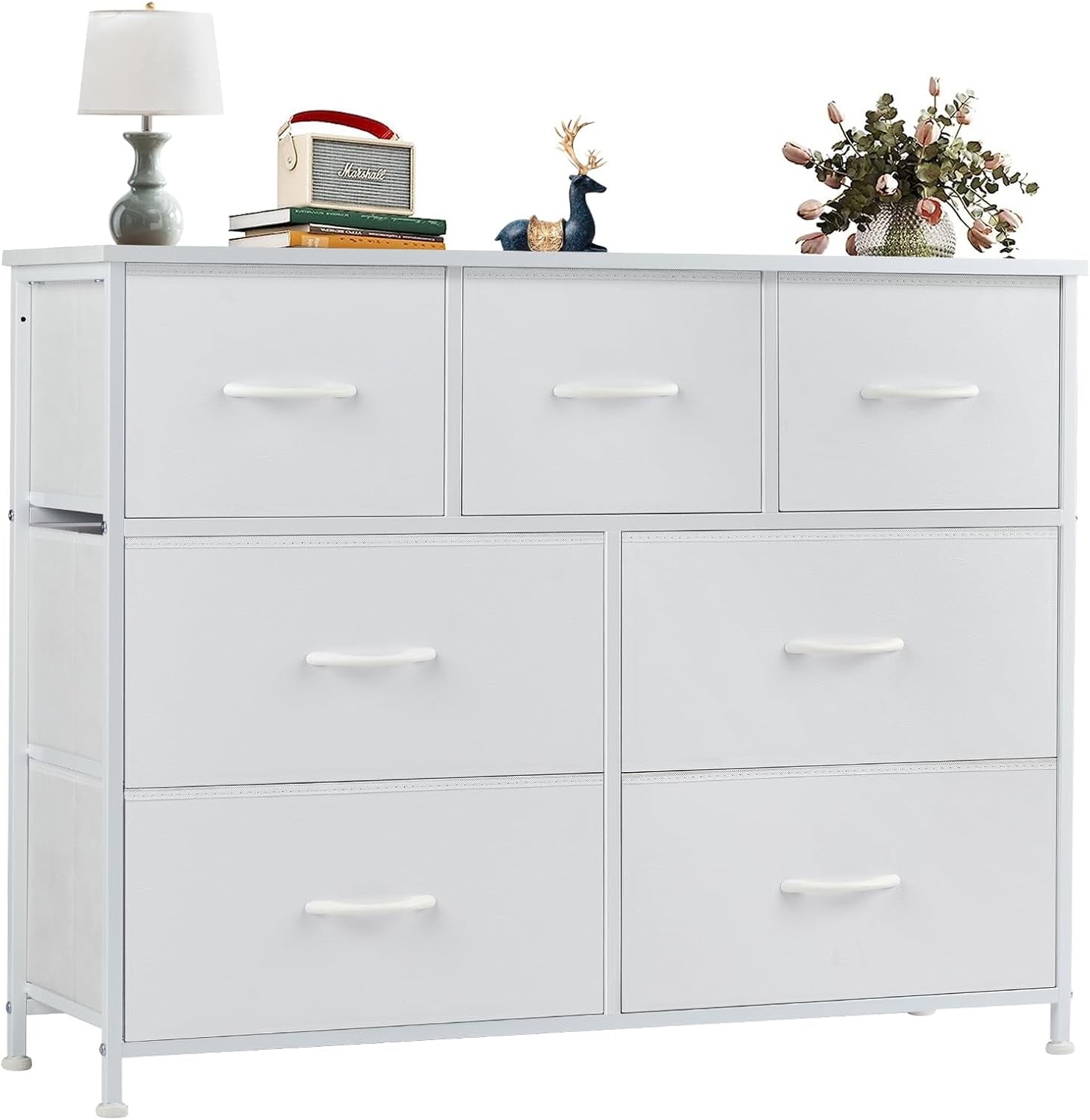 7 Drawer Dresser for Bedroom, Wide Fabric Storage Tower with Wooden Top and Metal Frame, Closet Chest Organizer Furniture, TV Stand for Living Room Hallway, White