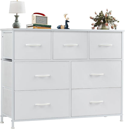 7 Drawer Dresser for Bedroom, Wide Fabric Storage Tower with Wooden Top and Metal Frame, Closet Chest Organizer Furniture, TV Stand for Living Room Hallway, White