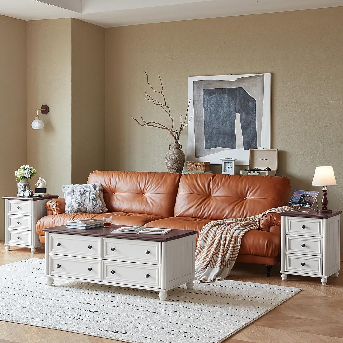 18" Farmhouse Night Stand, White Wood Nightstand with 3 Drawers, Bedside End Table with Storage and Roman Column, Bed Side Tables Cabinet for Bedroom, Living Room, and Closet